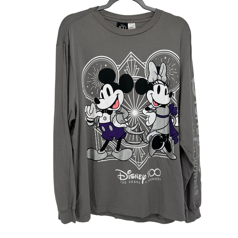 Disney 100 Adult XL Long Sleeve Shirt Mickey Minnie Gray Graphic Tee Parks